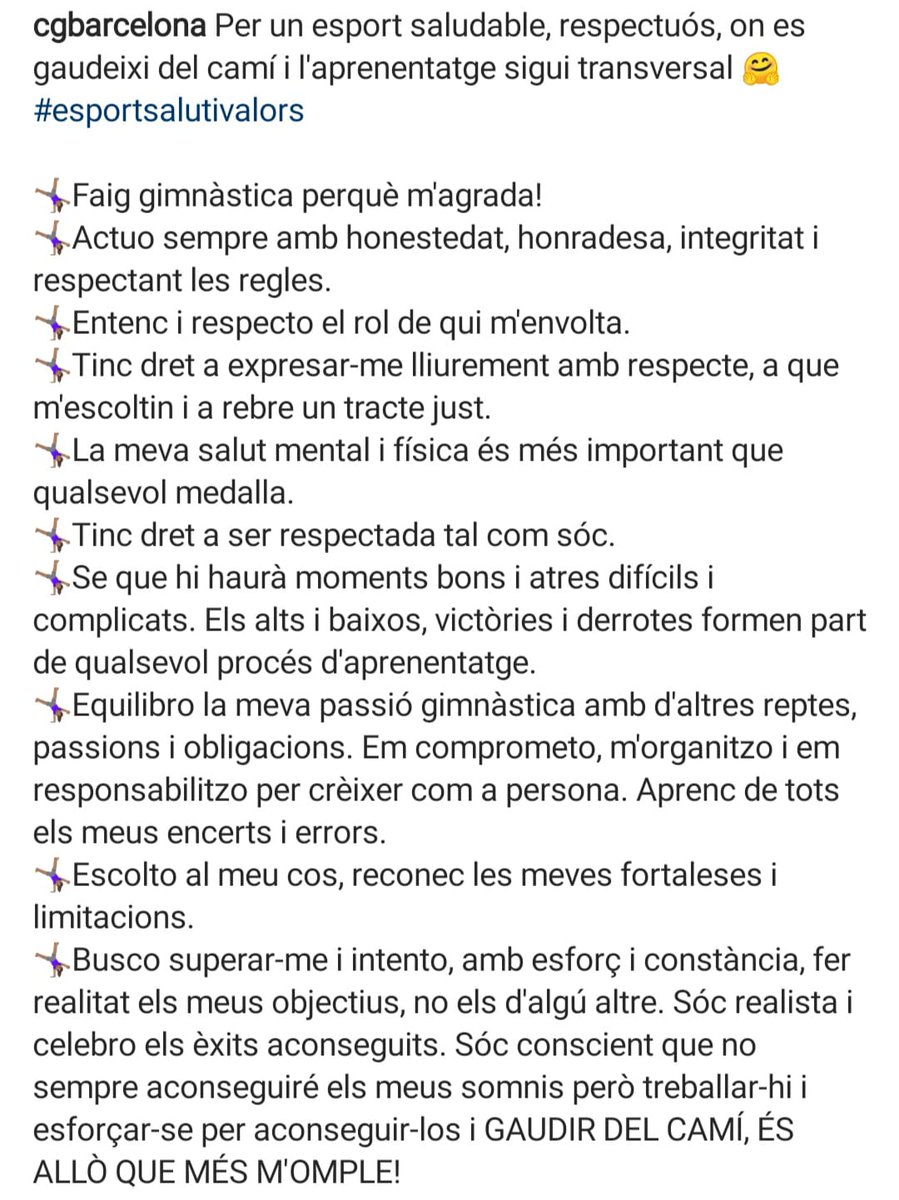 CGBarcelona's tweet photo. Per un esport saludable, respectuós, on es gaudeixi del camí i l'aprenentatge sigui transversal 🤗
#esportsalutivalors
#10GoldenRulesOfGymnastics @gymnastics #lovegymnastics 
@BCN_SantsMont @BCN_esports @sants_esports @esportcat @RFEGimnasia @GimcatFCG @elconsell @EsportsDiba https://t.co/JGqcXA3QaI