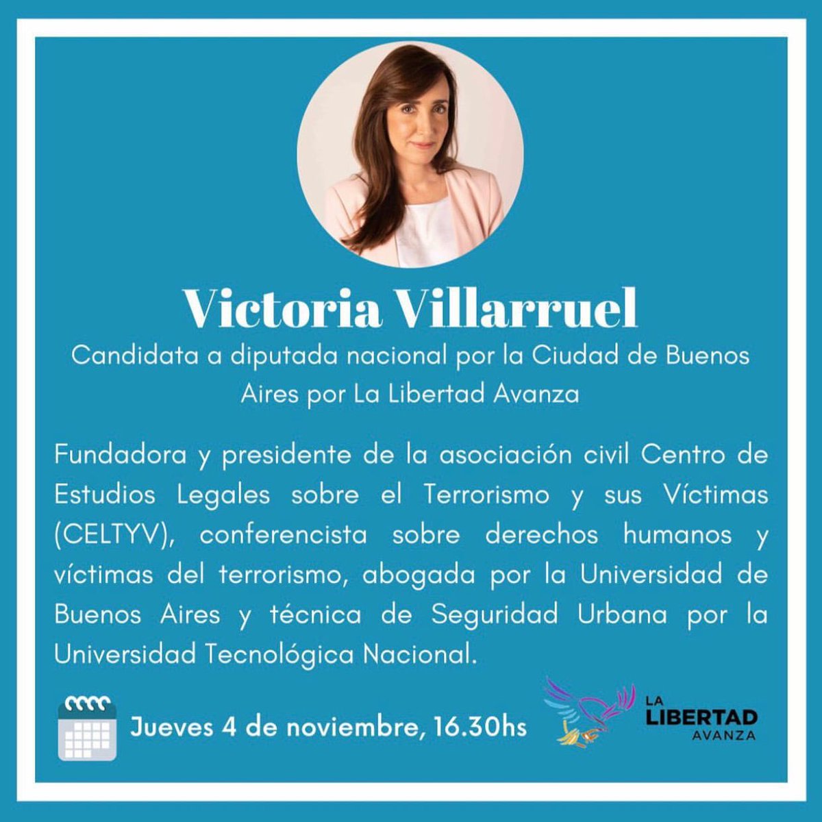 Estudiantes! Los invitamos al próximo encuentro de Candidatos a las Aulas 🏛🗣. Mañana jueves 4 a las 16.30hs vamos a estar con la candidata a diputada nacional <a href="/VickyVillarruel/">Victoria Villarruel</a>🙌🏻. Pueden inscribirse en el siguiente link 👇🏻👇🏻

us02web.zoom.us/meeting/regist…

¡Los esperamos!