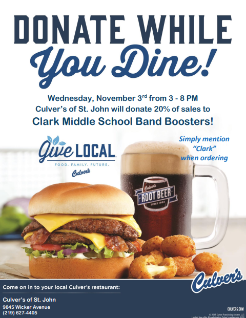 ClarkSchoolBand's tweet photo. St. John Culver's is hosting a fundraiser tonight.  Let's swarm the place and enjoy tasty burgers and frozen custard!  @Clark_Coyotes https://t.co/yyvNUjiI39
