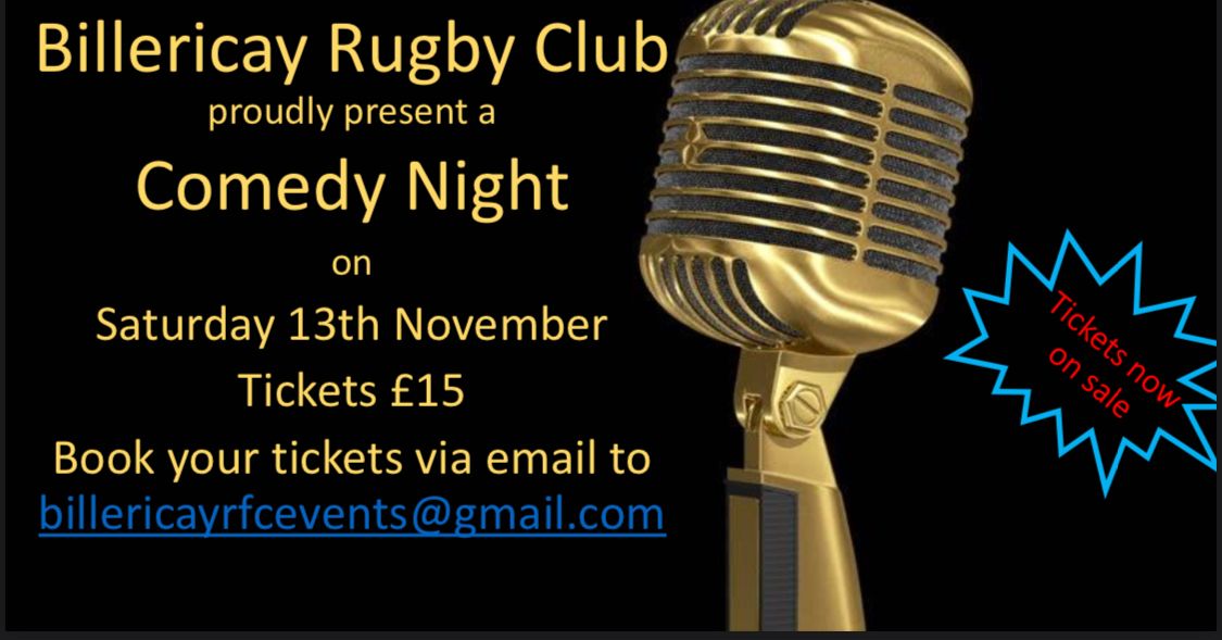 BillericayRFC's tweet image. Fancy a night away from the kids with lots of laughing then book your tickets for the Comedy night coming to Billericay RFC on the 13th November. A great night of entertainment.