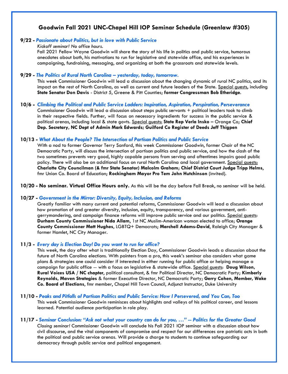 WayneGoodwinNC's tweet photo. My next @UNC @unciop seminar class is 6pm TODAY:

“Every Day is Election Day! Do you want to run for office?”

My all-star panel discusses strategies candidates shd consider &amp; what election law/campaign reforms they’d recommend. (1/2)

#ncpol @MoreheadCain @NCDemParty #politics https://t.co/yCWuBAUsUs