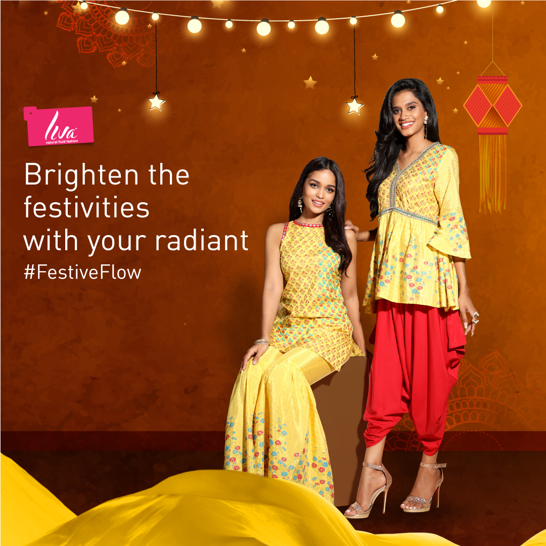 Shine bright this festive season and flaunt your #FestiveFlow just like our LIVA Divas, who look dazzling in these gorgeous outfits from @pantaloonsfashion X Krishna Mehta collection, made fluid with LIVA Fabrics. Wishing you #HappyDiwali