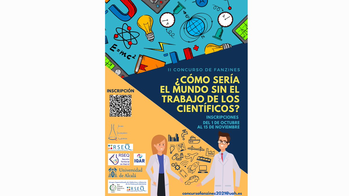AngelaMartinSO's tweet image. Plazo de envío de trabajos del II Concurso de Fanzines ¿Cómo sería el mundo sin el trabajo de los científicos? ampliado hasta el 𝟐𝟐 𝐝𝐞 𝐧𝐨𝐯𝐢𝐞𝐦𝐛𝐫𝐞.
¡Esperamos vuestros fanzines! 👩‍🔬✍️
portalcomunicacion.uah.es/diario-digital…
@RSEQUIMICA @RSEQ_STMadrid @GDHFQ @JIQ @IQAR_UAH @IB_Franklin
