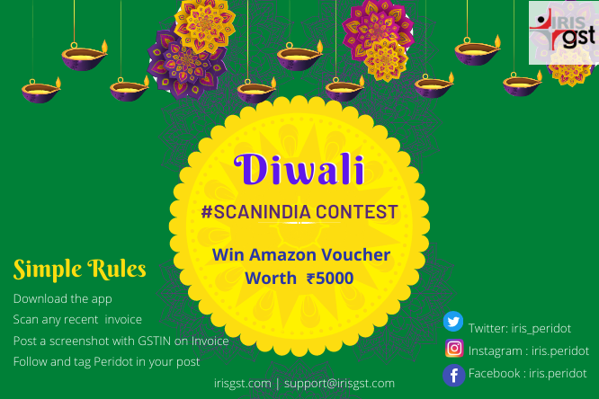 IRISGST's tweet photo. Let the gleam of Diyas bring joy and contentment in your life. This Diwali spread smiles with IRIS Peridot. Participate in #ScanIndia contest now!
#justperidot #contest #gstapp #gstindia https://t.co/orXGNtX2cY