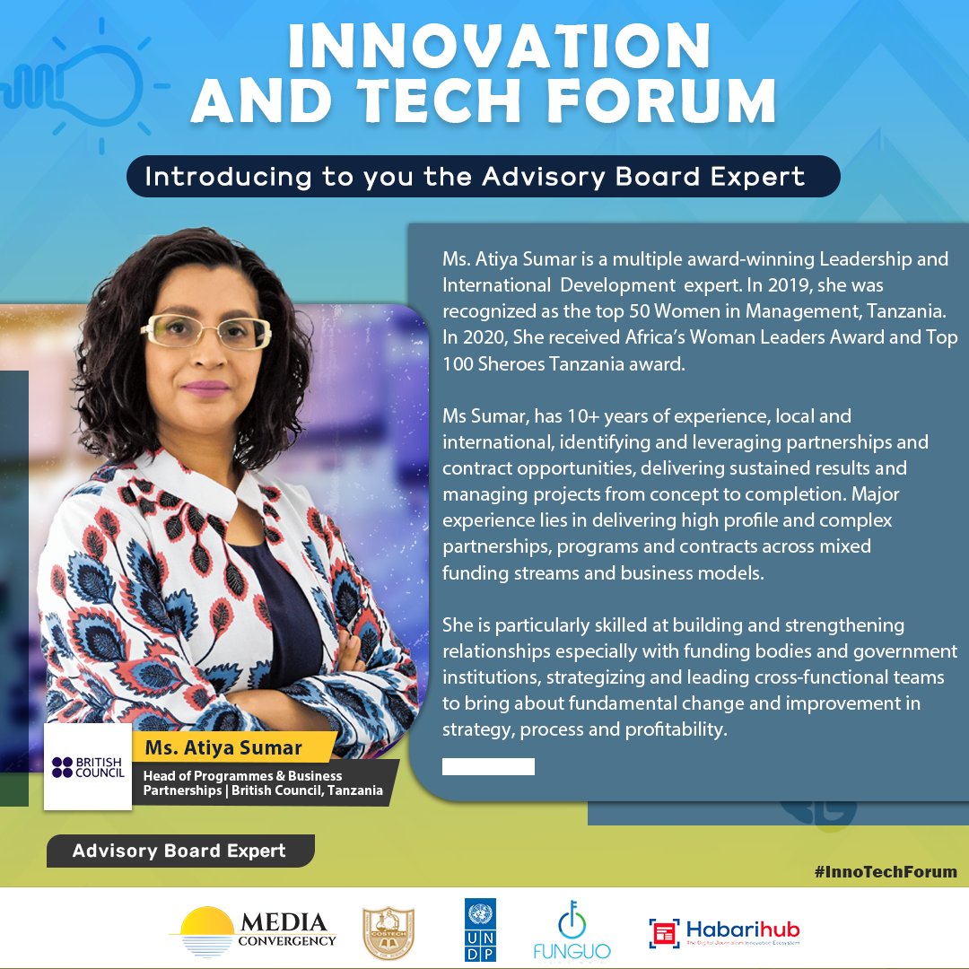 MediaConvergecy's tweet photo. Introducing the #InnoTechForum advisory board expert.

~ Advocate for equal rights and opportunities for women, meet Ms. @AtiyaSumar, Head of Programs and partner of @tzBritish. Passionate about #DigitalTransformation, fostering an innovative and inclusive culture.

#ImpactTechTZ https://t.co/ipsyBm39r9