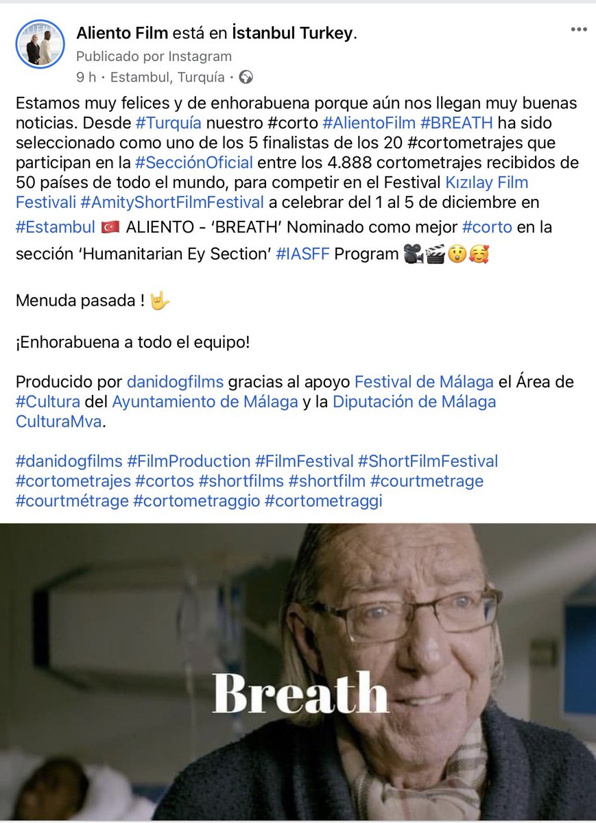 alientofilm's tweet photo. Felices q aún lleguen muy buenas noticias para nuestro #corto #AlientoFilm 🎬 #BREATH seleccionado finalista y nominado entre los 20 #cortometrajes q participan en #SecciónOficial #AmityShortFilmFestival @kizilaydostluk de los 4.488 #cortos d 50 países. Nos vamos a #Estambul !🇹🇷 https://t.co/aSxhWVP7h2