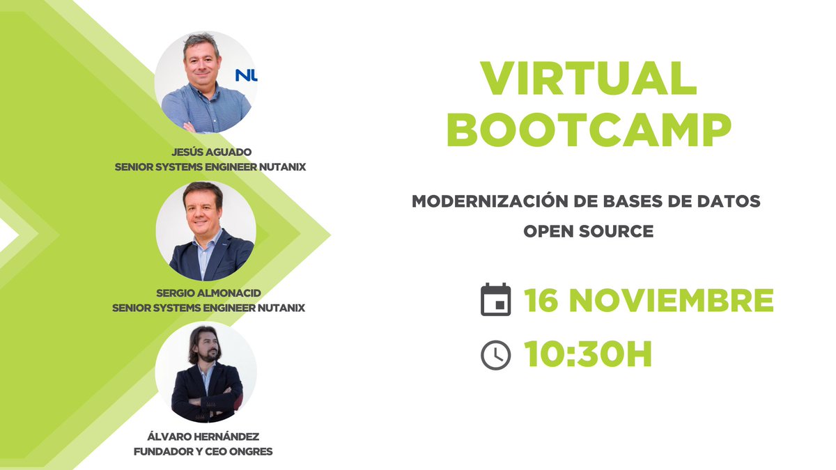 NutanixSpain's tweet image. 📢No te pierdas nuestro bootcamp sobre modernización de #basesdedatos con #Postgres. De la mano de Álvaro Hernández, fundador y CEO de @ongresinc, y Jesús Aguado y Sergio Almonacid, Senior System Engineers de #Nutanix. 

📅16 noviembre
⏰10:30

Registro 👉bit.ly/3GIfbYe