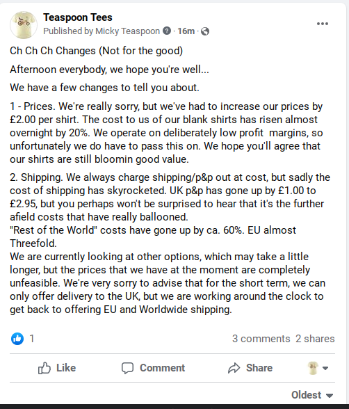 TeaspoonTees's tweet photo. Hi everyone. 

Below is a screenshot of our Facebook post earlier regarding prices and shipping. 
We are really sorry for these changes - all of which are completely out of our control, sadly. 
We'll keep you updated x https://t.co/zXT1XBK9lx