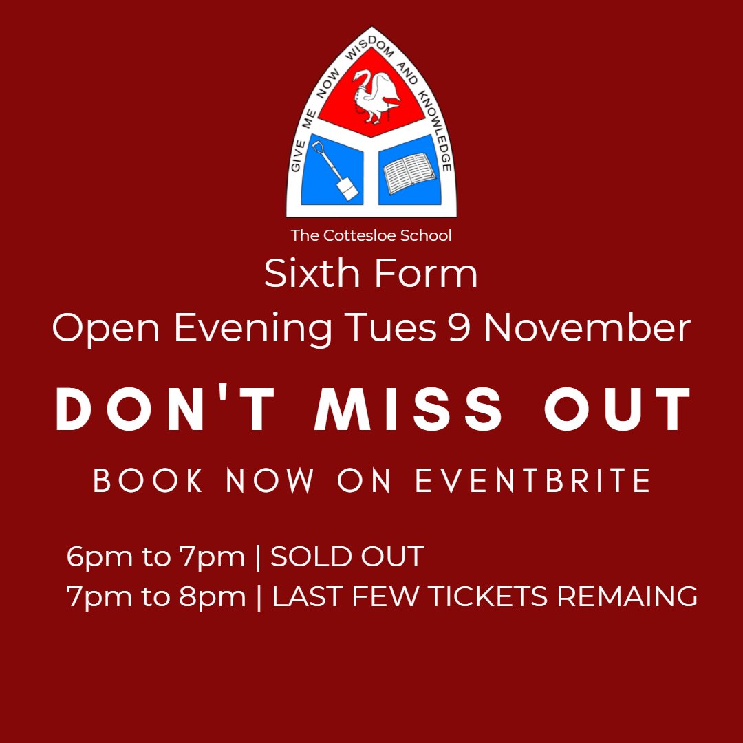 TCSSixthform's tweet photo. Calling all Year 11s &amp; their parents &amp; carers. Open Event is on Tuesday 9 November, 6pm to 7pm slot is sold out and we have tickets left for the 7pm to 8pm slot. https://t.co/Eg23gQRXEd

#cottesloecharacter #TCS #secondaryschool #Bucks #LeightonBuzzard #Wing #sixthform #6thform https://t.co/GQwtvDuhQE