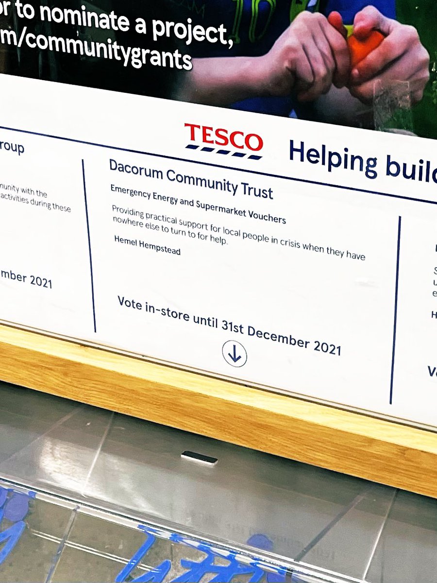 Don’t forget that if you shop in <a href="/Tesco/">Tesco</a> in #Dacorum you can donate your blue tokens to <a href="/Dacorum_Trust/">Dacorum Community Trust</a> until the end of December. 

Please do take the opportunity to support the work we do. Thank you!