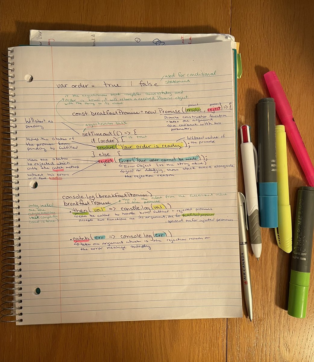 JM_Sully's tweet photo. Learning #javascript promises with @treehouse this morning! Definitely helps when I take notes as I #LearnToCode 

#programming #CodeNewbie #code #womenintech #developer #DEVCommunity #womeninSTEM #WomenWhoCode https://t.co/VNni507Dn0