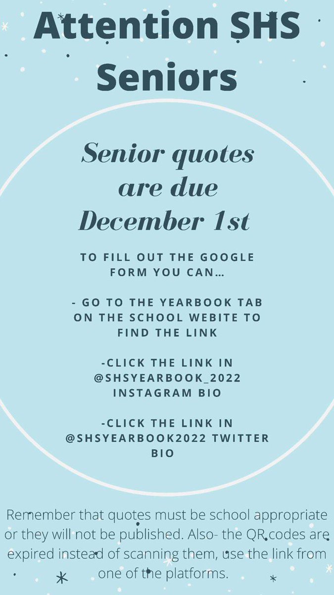 SHSYearbook22's tweet photo. SENIORS❗️❗️❗️❗️Link in bio for the Google form please fill it out by December 1st https://t.co/YYSvynsQ2Z