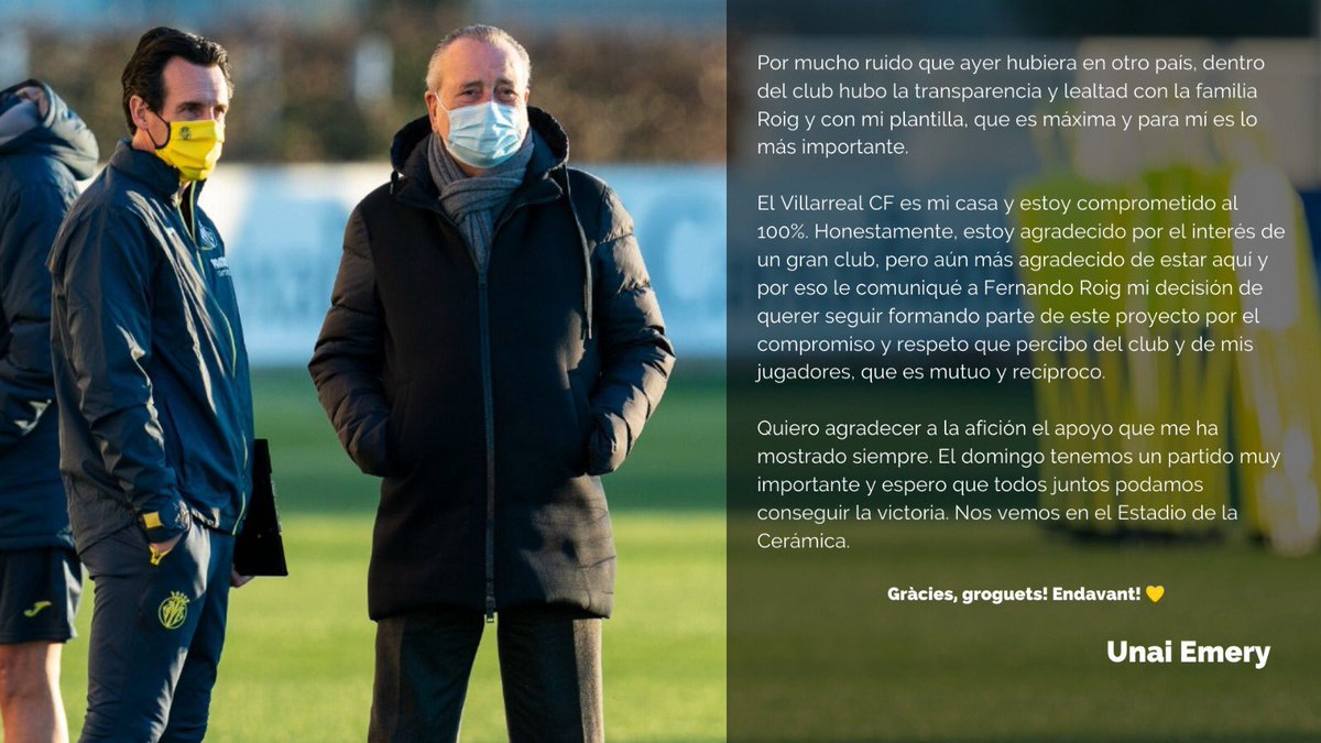 FabrizioRomano's tweet photo. Unai Emery announces he’s staying: “I’ve decided to stay here. Villarreal is my home and I 100% trust this project. I’m proud of top club interest [Newcastle] but I’m super happy with this club, Roig family, fans and players. See you soon in our stadium”. 🟡 #NUFC #Villarreal https://t.co/KTahQMRcWf