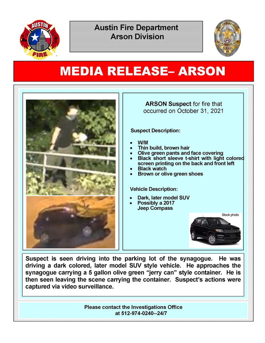 austinfiredept's tweet image. Our Arson Investigators need your help! They're looking for this man in connection with a fire set at Congregation Beth Israel (3901 Shoal Creek Blvd.) on October 31. 

If you have any information, please contact our Investigations Office at (512) 974-0240.