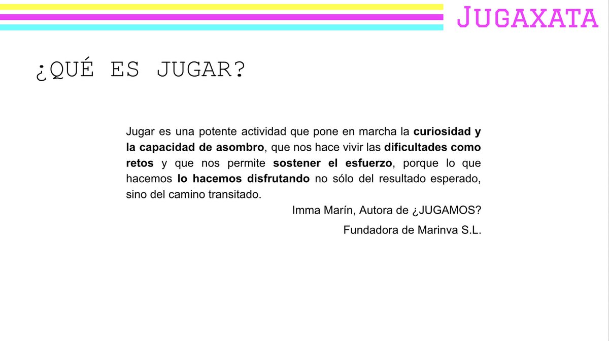 Qué ilusión me hace pensar en <a href="/marinvizate/">MARINVA</a> al preparar #Jugaxata, ¡y que la primera diapo de la presentación La Importancia de Jugar sea con <a href="/immamarin/">Imma Marín Santiago</a>!
#juego #gamificacion #jugar #curiosidad #asombro #esfuerzo #disfrute