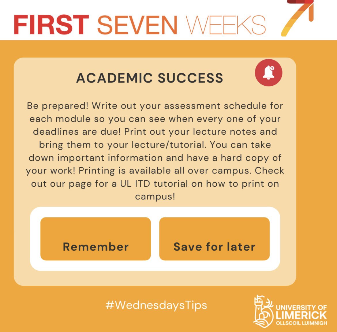 ULF7W's tweet photo. Time for this weeks #WednesdaysTips all about academic success 📚✏️🎓 

#firstsevenweeksul #academicsupport #studentsupport #academiclife #ul https://t.co/R0S20fyPRn