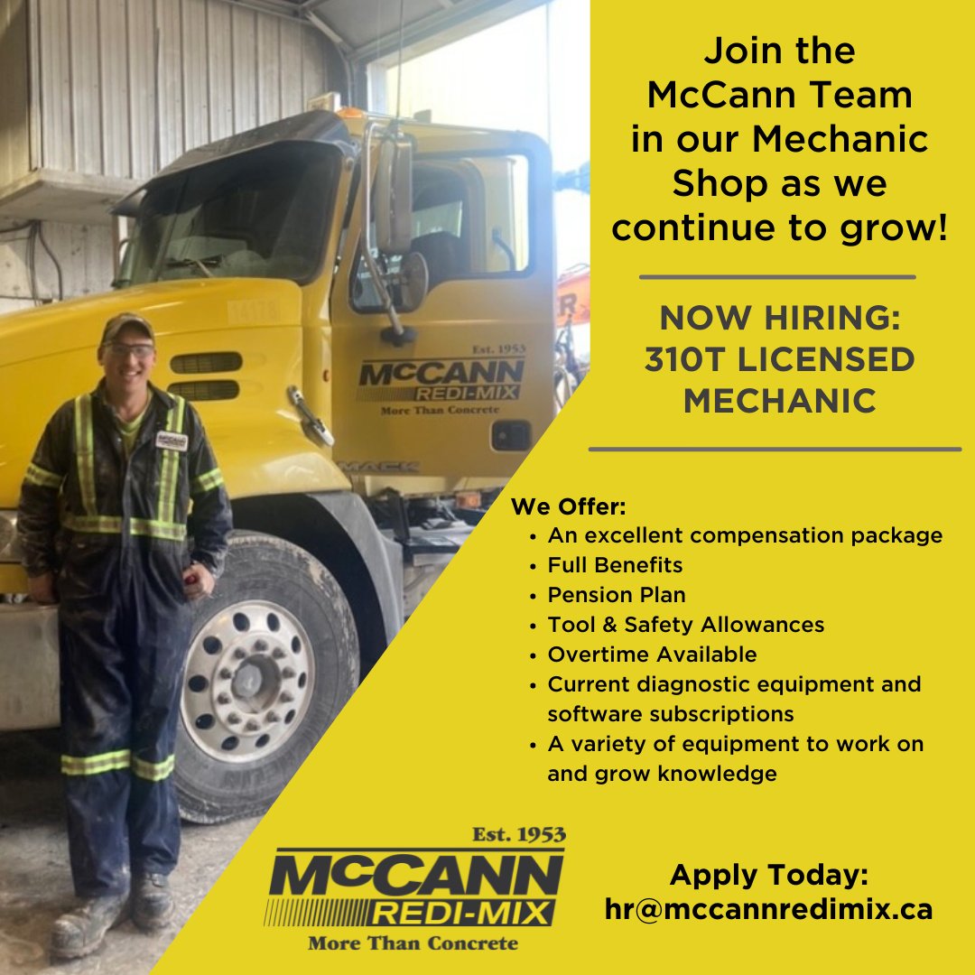 mccannredimix's tweet photo. Are you looking for a rewarding career? We’re looking for you!

Apply Today at hr@mccannredimix.ca

#Hiring #WeAreHiring #NowHiring #teamYellow #RediMix #Mechanic #Concrete #McCann #JoinOurTeam https://t.co/sgffuW1AM7