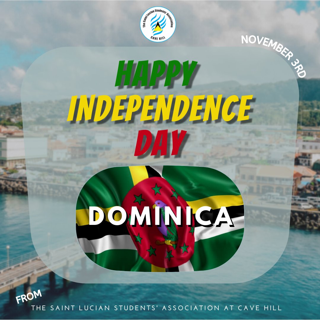 The St Lucia Students' Association at Cave Hill would like to wish a Happy 43rd Anniversary of Independence to the students and people of Dominica 🇩🇲🎉 

We hope our lovely sister island continues to flourish✨✨ 

<a href="/Domsac_UWI/">DOMSAC</a>
