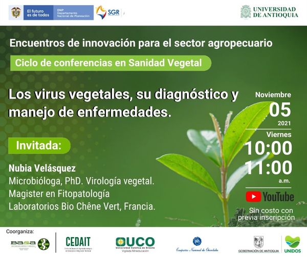 inbacter's tweet photo. Conferencia CEDAIT: "Los virus vegetales, su diagnóstico y manejo de enfermedades".
Invitado: Nubia Velásquez PhD. Investigadora – Laboratorios Bio Chêne Vert, Francia.
Viernes 5 de Noviembre, 10:00 am 
https://t.co/KcrNgdgPhL 
LOS ESPERAMOS! @udea @FCENUdeA  @cedait https://t.co/n7MlJOCwV7