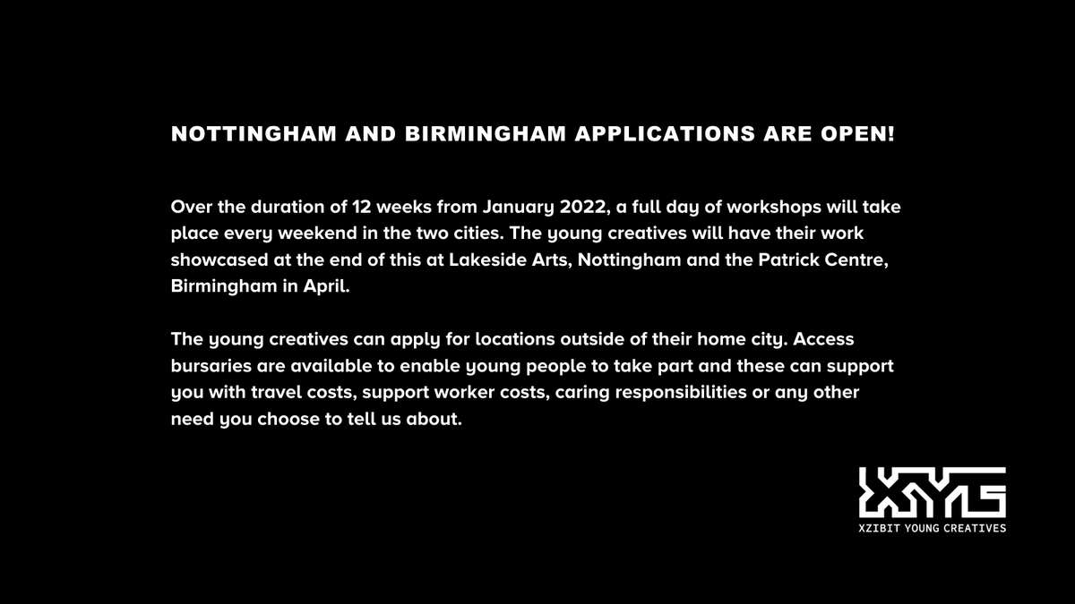 Xzibit_YC's tweet photo. #Nottingham and #Birmingham applications are open! 

Application forms can be found via the link in our bio. More information in the images below.

#XzibitYoungCreatives #XYC2022 #HipHopDance #YoungCreatives #MidlandsDance https://t.co/zF8h6XWZ9Q