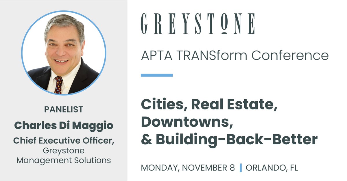 GreystoneGMS's tweet photo. Join our CEO, Charles Di Maggio, who will be a panelist at the @APTA_Transit #TRANSform Conference on Monday 11/8.
More info: https://t.co/FGwj0pzX3r https://t.co/kiGN71EdCo