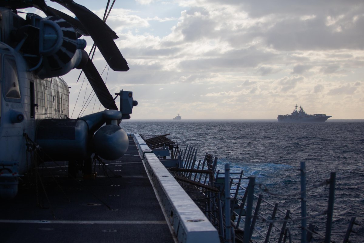 The @usnavy's USS Arlington and embarked @22nd_MEU conduct a ship maneuvering exercise with members of the Kearsarge Amphibious Ready Group.

The Amphibious Squadron and MEU Integrated Training is the first at-sea period in the MEU’s Pre-deployment Training Program. #EveryDomain