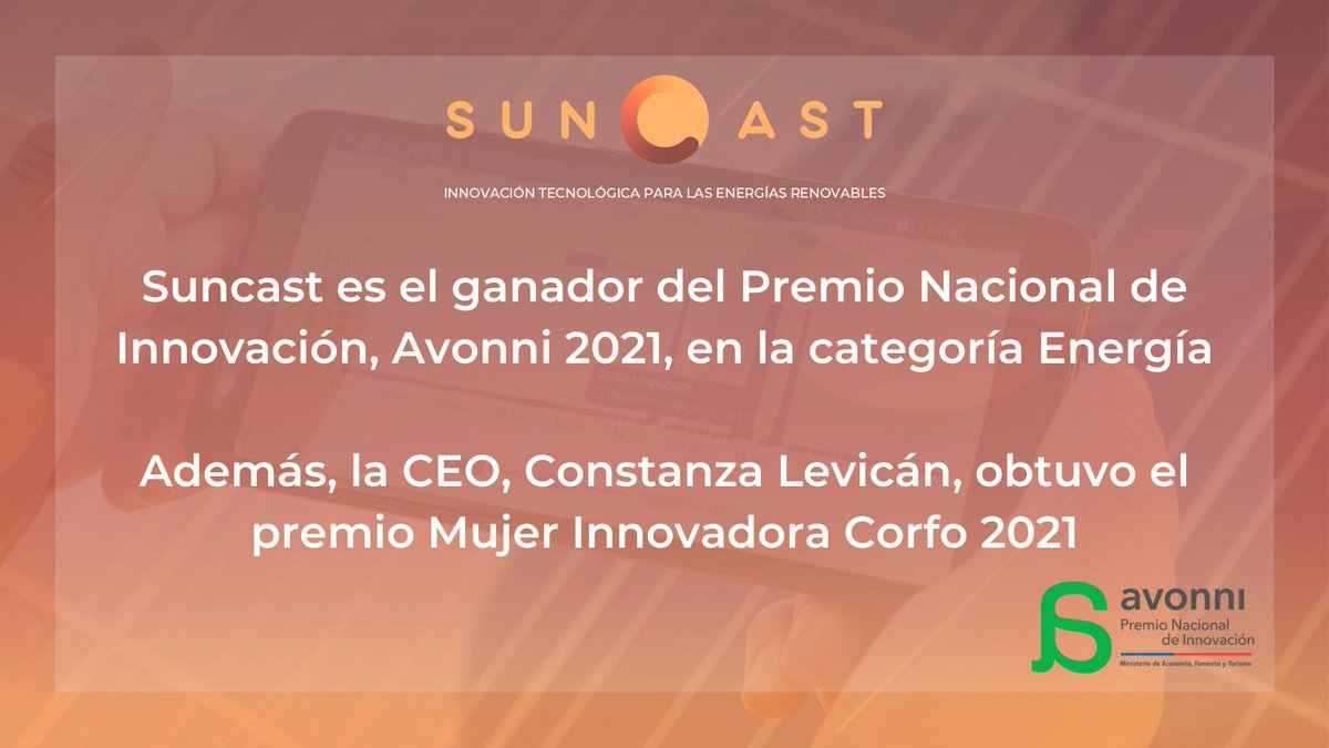 SuncastChile's tweet photo. ¡Obtuvimos dos grandes reconocimientos! @premio_avonni 2021 en #Energía, y nuestra CEO @cglevican obtuvo premio Mujer Innovadora @Corfo 2021.

We got two important national recognitions! The National Innovation Award in #Energy, and our CEO got the Corfo Innovative Woman Award. https://t.co/Q8WhVuA0jp