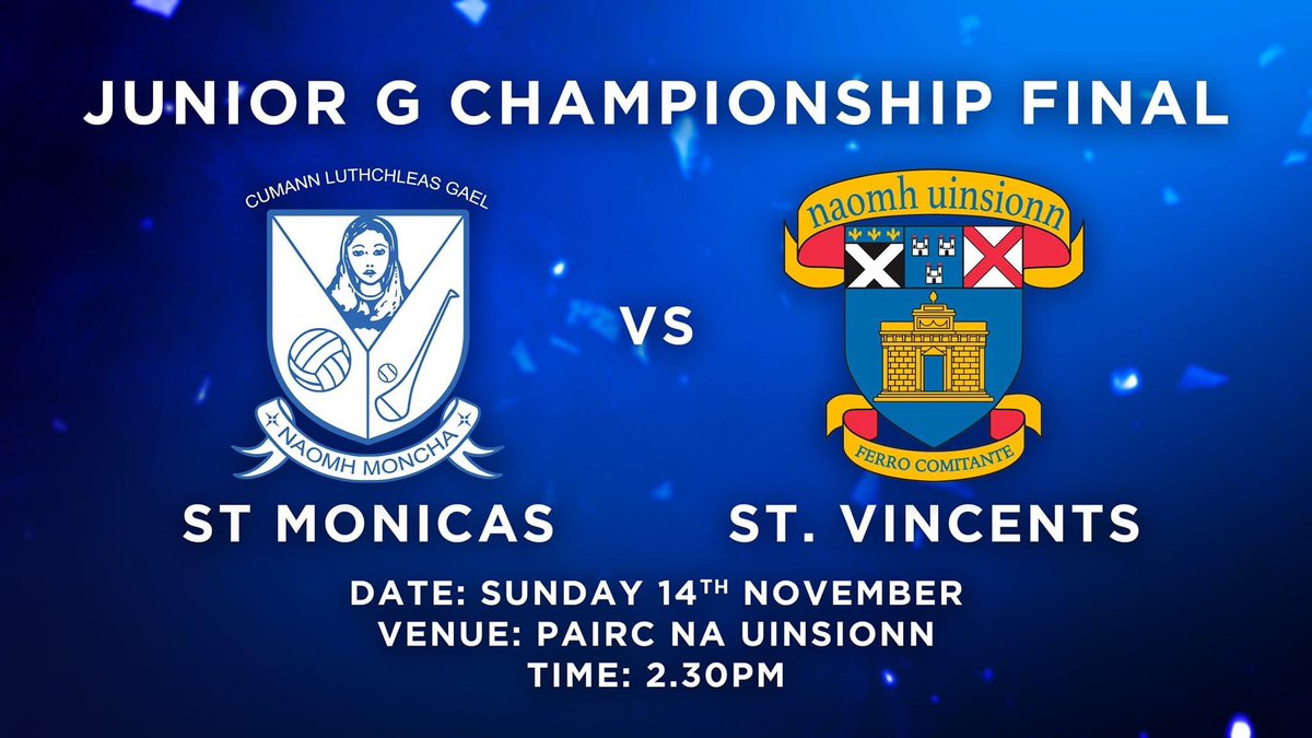 St Monica's GAA (@stmonicasgaa) on Twitter photo The Date, Time and Venue is set for our Men's hurlers Championship final! 🏑💙 <a href="/StVincentsGAA1/">St Vincents GAA, Dublin</a>
| Sunday 14th November | Pairc Na Uinsionn | Throw in 2.30pm |
Come on the lads💙
#BornToBeBlue The Date, Time and Venue is set for our Men's hurlers Championship final! 🏑💙 <a href="/StVincentsGAA1/">St Vincents GAA, Dublin</a>
| Sunday 14th November | Pairc Na Uinsionn | Throw in 2.30pm |
Come on the lads💙
#BornToBeBlue