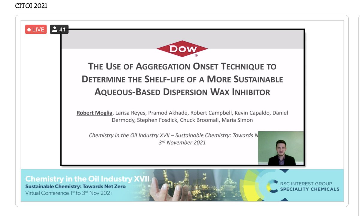 RSC_SCS_CITOI's tweet photo. Continuing in our #CITOI2021 #NetZero theme Bobby Moglia @DowNewsroom looks at reducing carbon footprint by determining the shelf-life of a more sustainable aqueous-based dispersion #Sustainability #PoweredByChemistry https://t.co/yD0WF78z6b