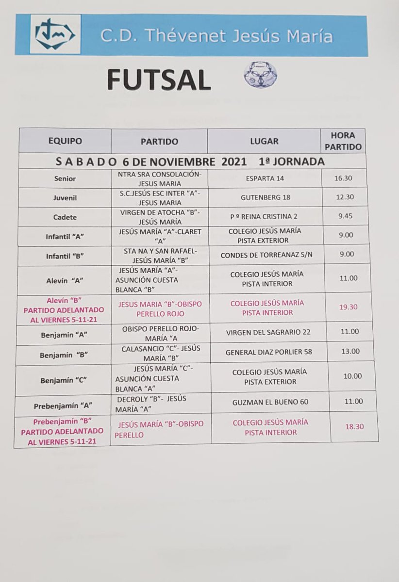 El próximo fin de semana (6-7 Noviembre) vuelven a jugar TODOS los equipos de  FUTSAL y BALONCESTO de <a href="/cdjesusmaria/">C.D. Jesús María</a> en <a href="/DeportesECM/">DeportesECM</a> y <a href="/FBMadrid/">Fed. Bcto. de Madrid</a>. Vuelven los goles, las canastas, las risas, los madrugones... A competir y a disfrutar!!