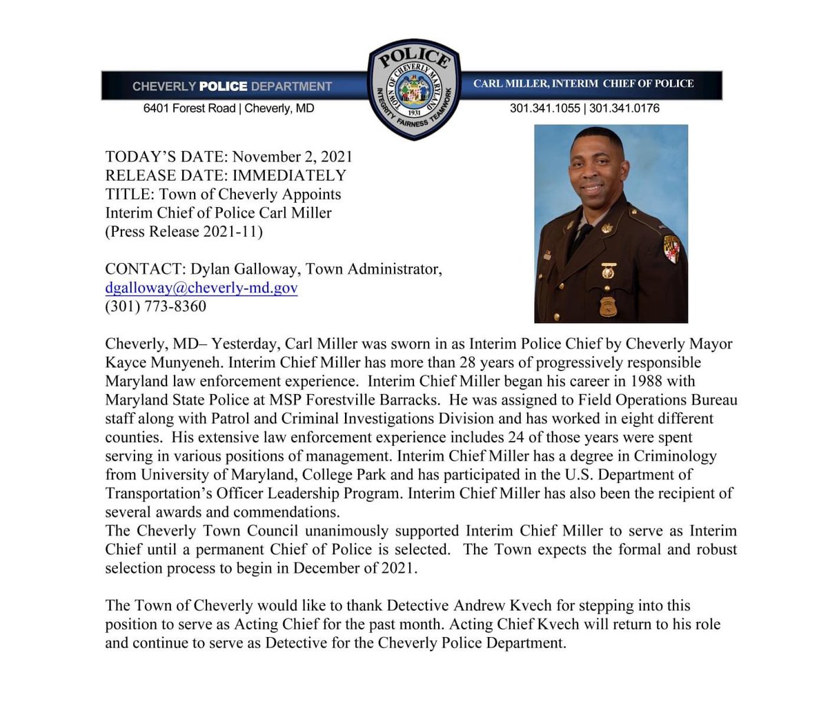 CheverlyPolice's tweet photo. Please join the Cheverly Police Department in welcoming Interm Chief Carl Miller, as the new leader of the agency. We would like to thank Detective Kvech and Master Corporal  McCullough for their leadership over the past month. Welcome aboard Chief. https://t.co/u7CapUfo2I