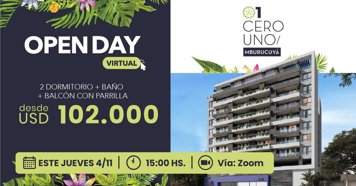 infocasaspy's tweet photo. ¡Open Day Virtual: 01-Mburucuyá!👏

📌¡Precios especiales Infocasas! 2 dormitorios desde USD 102.000.

📅 Jueves 04/11
🕚15 hs
💻Zoom

Registrate aquí: https://t.co/3TtSVLQcC1 https://t.co/JDjx6ZvCvf