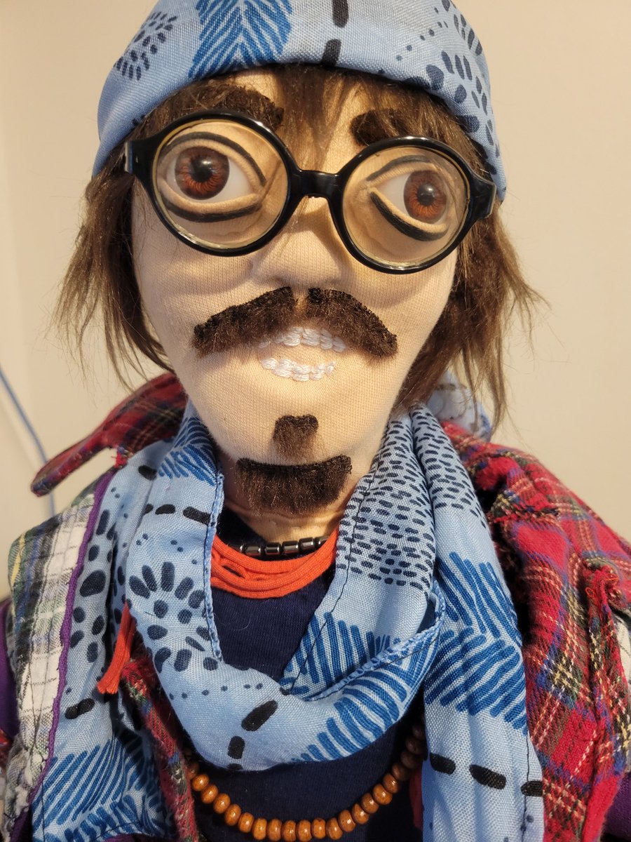 RealPamster's tweet photo. Done!!! Sewing on the doll is done; he's dressed all except for his hat. Hematite necklace and the red tiny 'scarf' he wears are all in place. Mooh's up next. ☺ Have an awesome day everyone! #SewingJohnnyDeppsDoll
#sewingislife
#onedollatatime https://t.co/diuwE7iNis