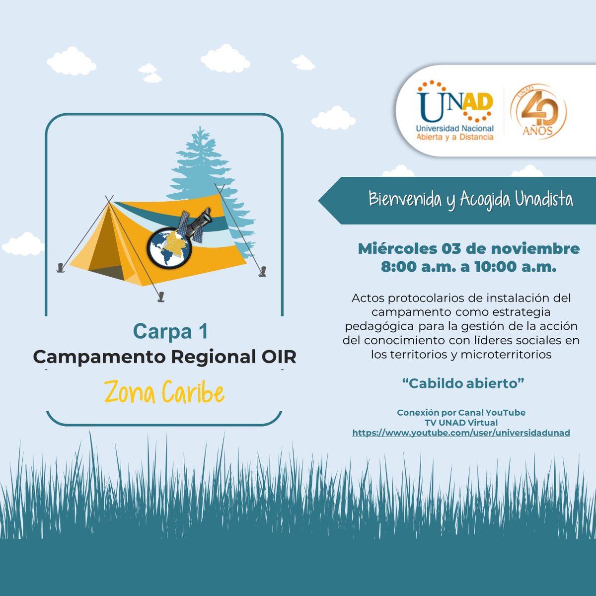 UniversidadUNAD's tweet photo. Iniciamos séptimo #CampamentoOIR desde @UnadZonaCaribe, en nuestra apertura contamos con la participación de nuestro Rector @JaimeLeal_ y su reflexión frente a los procesos que se adelantan en los territorios 🙌🏼.

📍Sigue la transmisión en @TvUnadVirtual https://t.co/yGwbgTQHdK