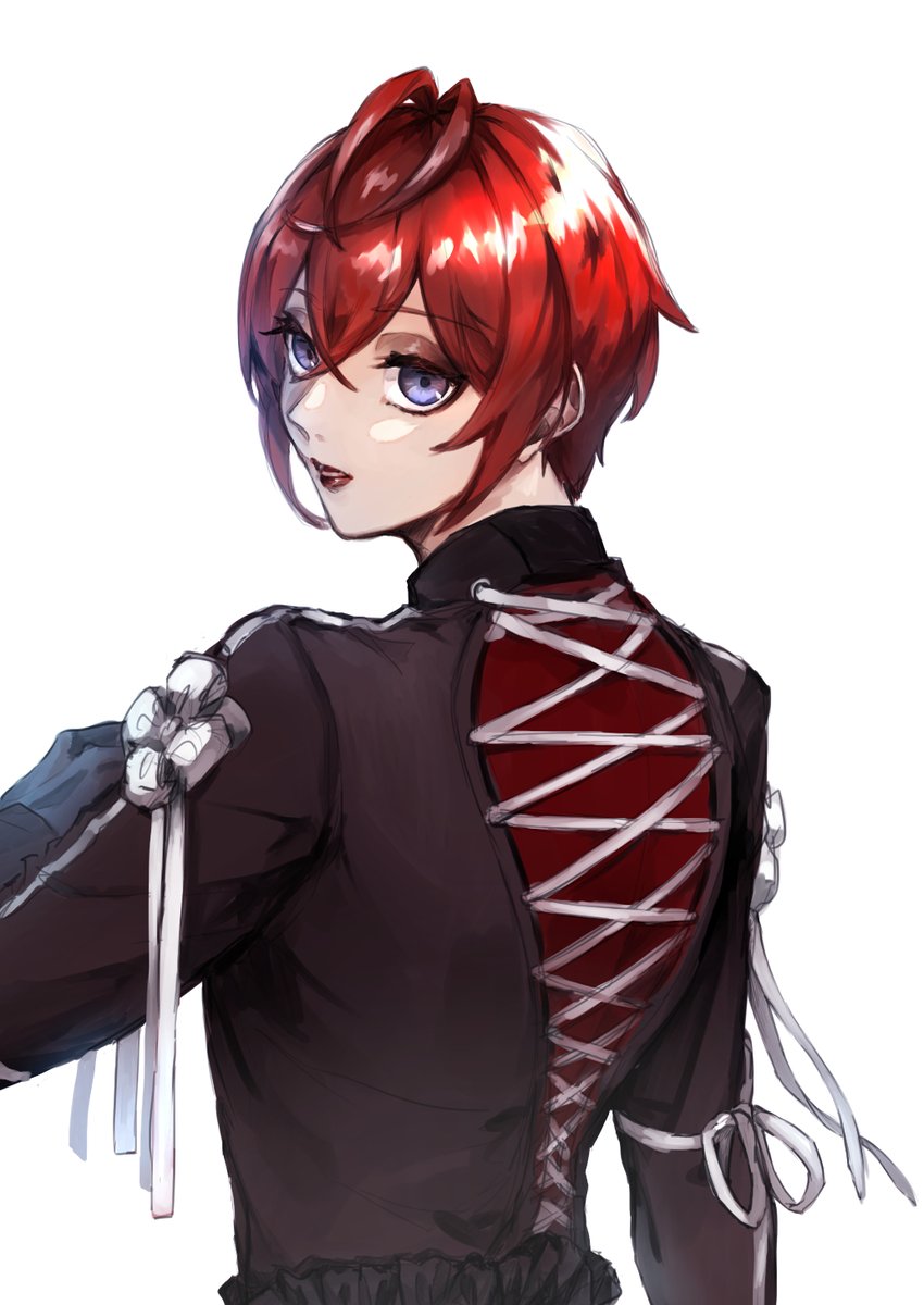 solo red hair white background male focus 1boy looking back looking at viewer  illustration images