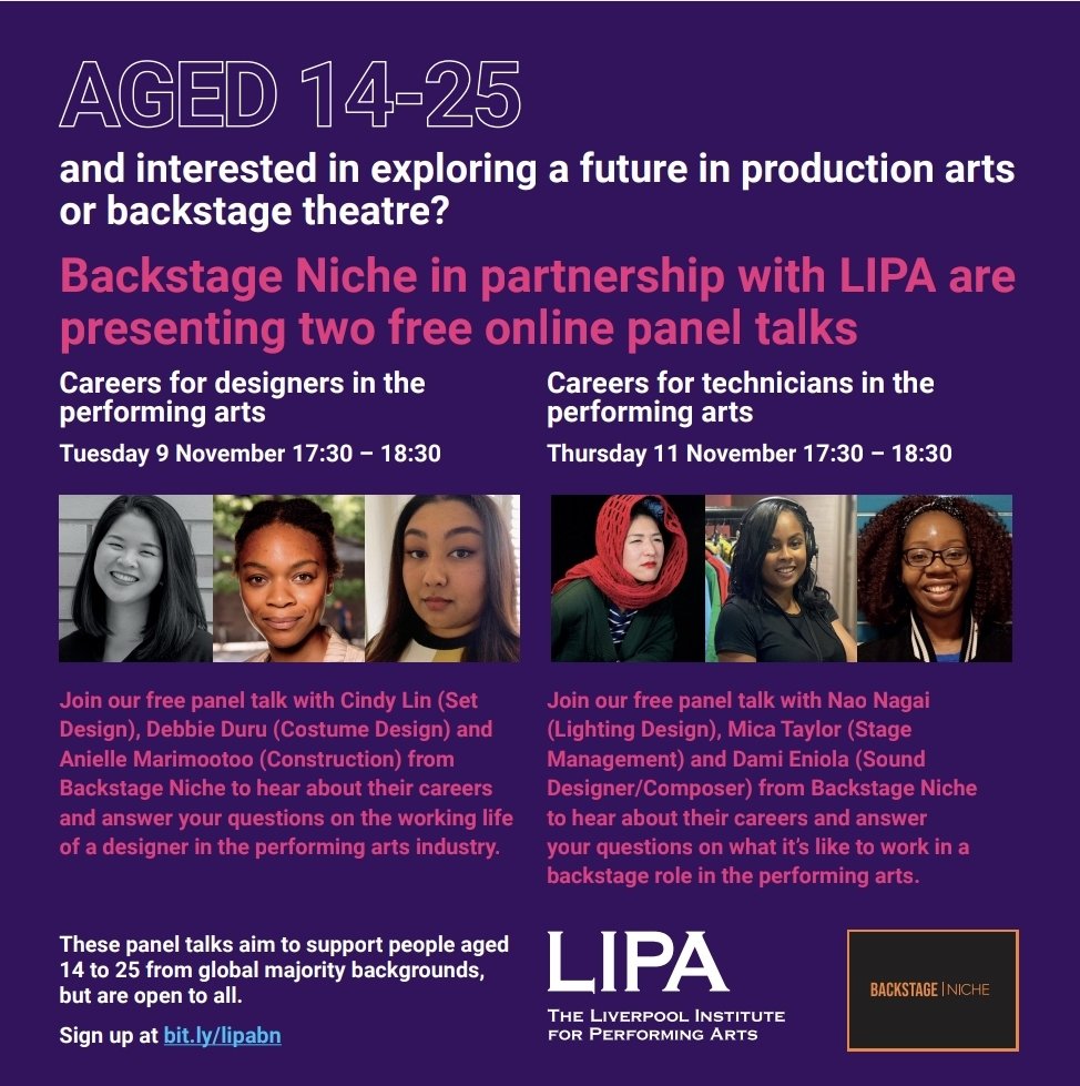 Backstage_Niche's tweet photo. ⭐Backstage Niche Panel Talks in partnership with LIPA⭐
 @lipawp @lipaliverpool 

🧣Set/Costume: Debbie Duru
🚧Set Design: Cindy Lin
🛠Construction: Anielle 
📒Stage Management: Mica Taylor
🎵Sound: Dami Eniola
💡Lighting: Nao Nagai 

📝Sign Up: https://t.co/Cz4S89dViA https://t.co/19wZsu1374