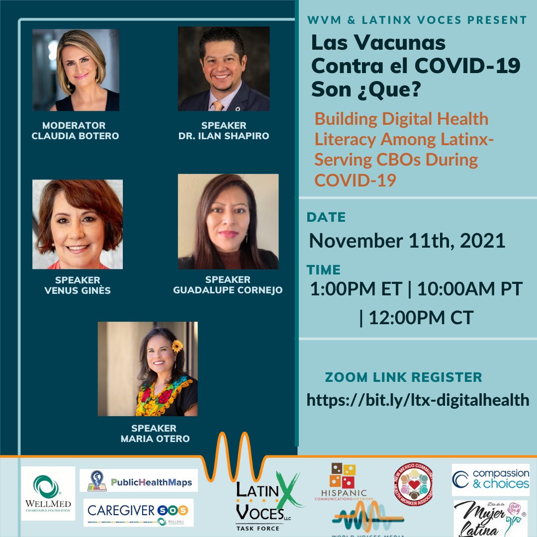 Join us and <a href="/WorldVoicesM/">World Voices Media</a> as we walk through building health literacy around the COVID-19 vaccines. Hear media experts discuss how Latinx-serving community-based organizations can combat mis- and disinformation in digital spaces. Register: bit.ly/ltx-digitalhea… #latinxhealth