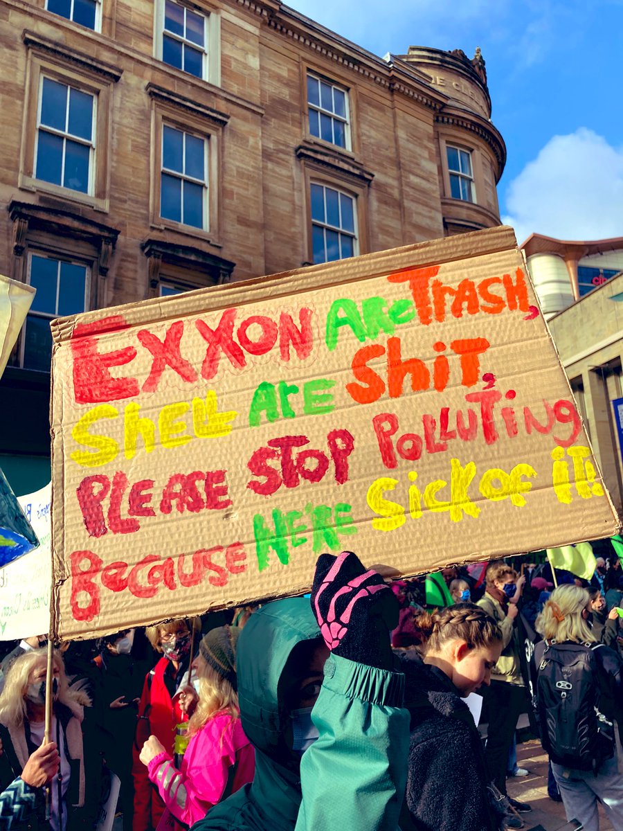 ASLTWScot's tweet photo. Our #FlareToCop banner joined #StopTheGreenwash protest @ #COP26Glasgow to call out dirty #Polluters #Exxon #Shell who greenwash solutions & lie to carry on #Polluting #KickPollutersOut
#JustTransition to protect ppl,workers & planet #ClimateJustice #ActionsSpeakLouderThanWords https://t.co/QgusUYgg0Y