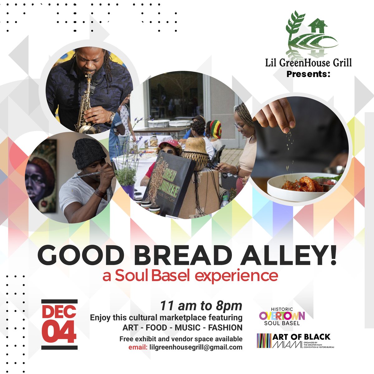 #SaveTheDate  🗓 <a href="/lilGreenHouseG/">LilGreenHouseGrill</a> Presents: Good Bread Alley - A Soul Basel Experience on Sat, Dec 4 from 11am-10pm. The event will ft. a mini art gallery, a fashion show,  a celebrity chef cooking demo + more. See you there! 🤩
..
#lilgreenhouse #soulbasel2021 #soulbaselovertown