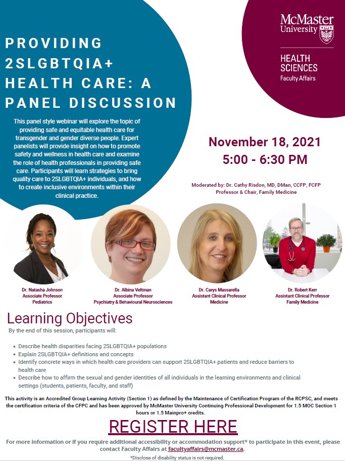 Mac Prog for FacDev (@macpfd) on Twitter photo What does an inclusive environment mean to you? What does it look like within a clinical practice? Join <a href="/FHS_FacAffairs/">McMaster FHS Faculty Affairs</a> on November 18th, and learn how to both provide & promote safe, equitable, and quality care for 2SLGBTQIA+ patients.
💻Info & Register: bit.ly/31iRu8x What does an inclusive environment mean to you? What does it look like within a clinical practice? Join <a href="/FHS_FacAffairs/">McMaster FHS Faculty Affairs</a> on November 18th, and learn how to both provide & promote safe, equitable, and quality care for 2SLGBTQIA+ patients.
💻Info & Register: bit.ly/31iRu8x