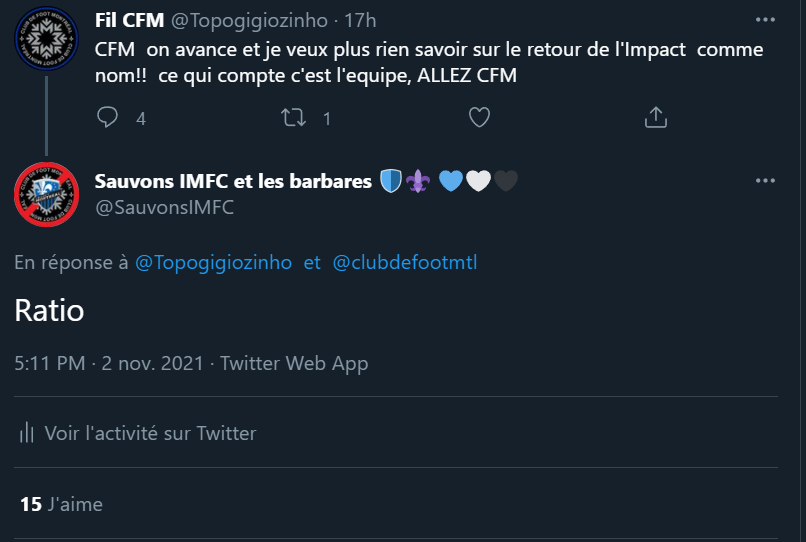 SauvonsIMFC's tweet photo. IMFC: 15
CFMTL: 0
#KingsleyOut #BoycottCFM #Free132 #SolidaritéKopMTL #SaveTheImpact #NotreImpact #IMFC>#CFMTL #GilmoreIsOut https://t.co/Bk5dUH2tXn