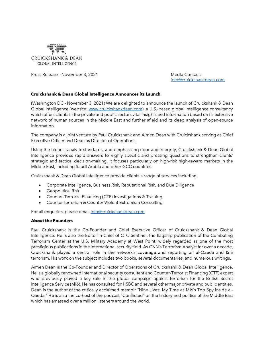 Cruickshank & Dean Global Intelligence (@cdglobintel) on Twitter photo We are delighted to announce the launch of Cruickshank & Dean Global Intelligence, a joint venture by <a href="/CruickshankPaul/">Paul Cruickshank</a> & <a href="/AimenDean/">Aimen Dean</a> Company website: cruickshankdean.com We are delighted to announce the launch of Cruickshank & Dean Global Intelligence, a joint venture by <a href="/CruickshankPaul/">Paul Cruickshank</a> & <a href="/AimenDean/">Aimen Dean</a> Company website: cruickshankdean.com