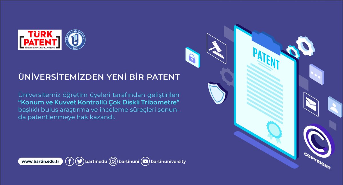 baruedutr's tweet photo. Üniversitemiz öğretim üyeleri tarafından geliştirilen “Konum ve Kuvvet Kontrollü Çok Diskli Tribometre” başlıklı buluş araştırma ve inceleme süreçleri sonunda patentlenmeye hak kazandı.

@Habip_Asan @uzun_orhan @m_eminaktan 

https://t.co/MHSxZMEXD6 https://t.co/S0ATJZGaFA