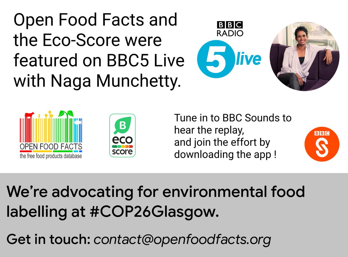 OpenFoodFacts's tweet photo. Earlier this day, @OpenFoodFacts was featured on @bbc5live with @TVNaga01 Naga Munchetty. @teolemon explained how we can have a positive impact on the planet &amp; food transparency, one meal at a time. If you’ve missed it, it’s available on @BBCSounds (1:20) https://t.co/g1ZDsLT3bY https://t.co/ahO3jSUPtq