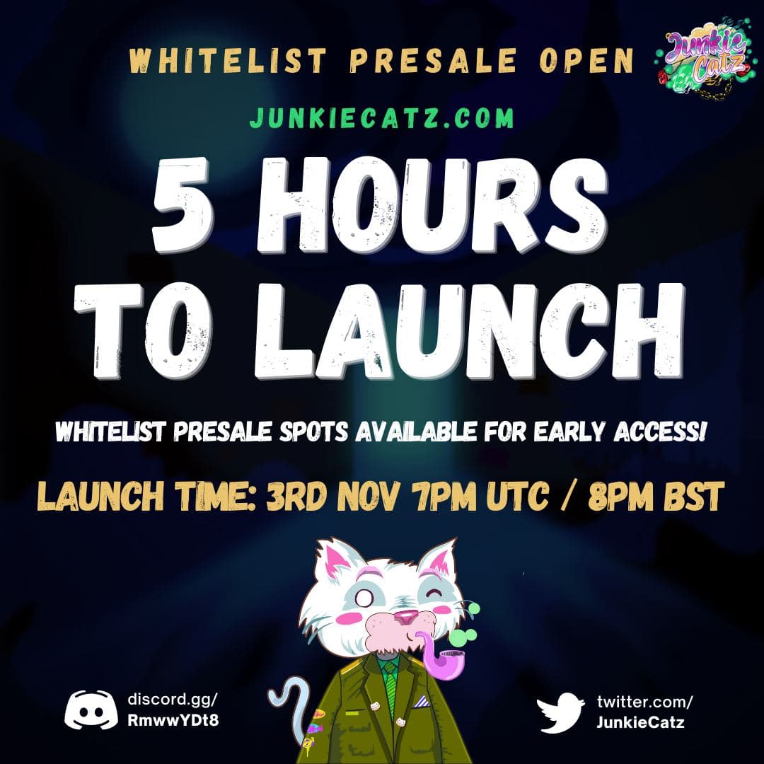 JunkieCatz's tweet photo. Calling all Junkie Catz!

We are now just 5 hours to launch!

We still have whitelist spots are still available. Claim your spot now! https://t.co/SSsYbbWR5l