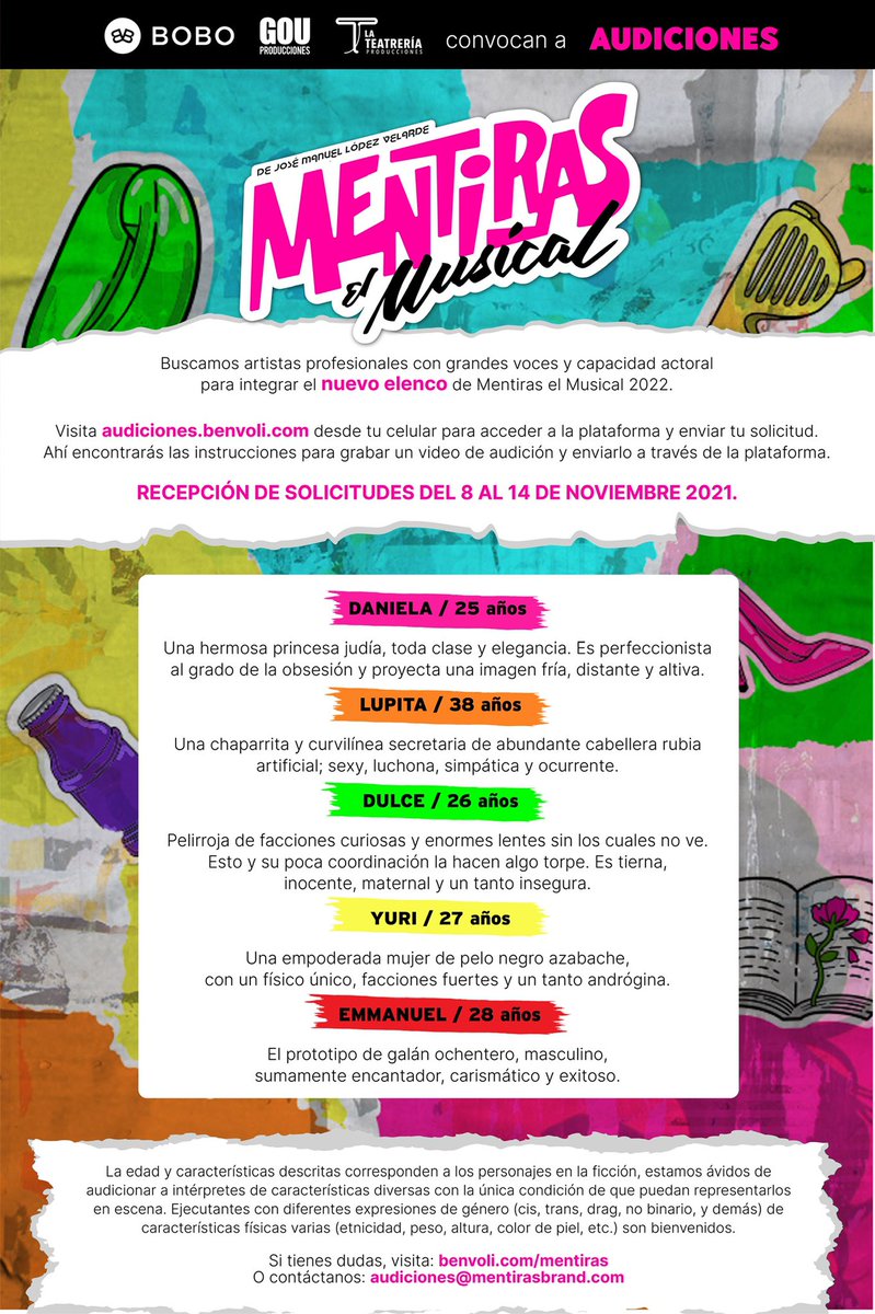 Te estamos buscando para ser parte del nuevo elenco de #MentirasElMusical. Consulta las bases y manda tu video a audiciones.benvoli.com ¡Sólo tienes del 8 al 14 de noviembre!