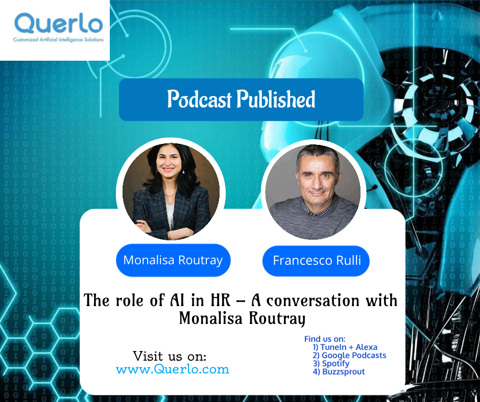QuerloAI's tweet photo. Podcast Published: 

@RoutrayMonalisa , BigData Analyst,@NewYorkUniv ,  speaks to @rullifrancesco , CEO @QuerloAI  about the role of AI in HR and settling on Mars.

Google Podcast: https://t.co/LEle57Y5Zk
TuneIn + Alexa: https://t.co/3NaLCMbM5O
Spotify: https://t.co/nCwMmQMTqE https://t.co/ZRw1kVZ92h