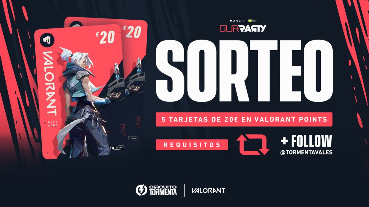 Queremos celebrar el lanzamiento de #OurParty de <a href="/VALORANTes/">VALORANT</a> con el sorteo de 100€ en VALORANT POINTS repartidos entre 5 personas.

Para participar:
💥 RT a este tweet
💥 Síguenos en <a href="/TormentaVALes/">Circuito Tormenta | VALORANT</a> 

Anunciaremos los ganadores el día 27. ¡Mucha suerte! 🥰