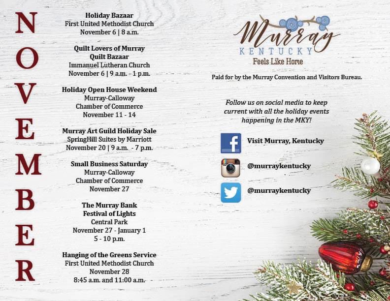 MurrayKentucky's tweet photo. We’re kicking off the holiday season this month! Here’s what’s happening in Murray during the month of November 🎄✨

#MurrayKY #MurrayKentucky #MKYInsiders #HappyHolidays https://t.co/OTsvHBJjqK