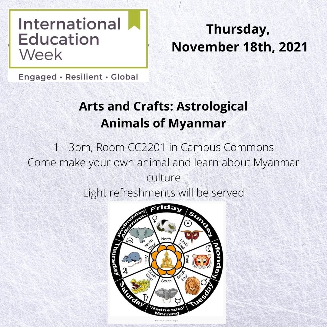 UNCOGlobal's tweet photo. Learn about Myanmar astrology and create your own astrological animal. #iew2021 #iew #uncoglobal #bearsaroundtheworld #youarewelcomehere #unc_colorado https://t.co/ww0BVetW8o